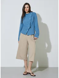 Blue Ruffle Long Sleeves Blouse - 1