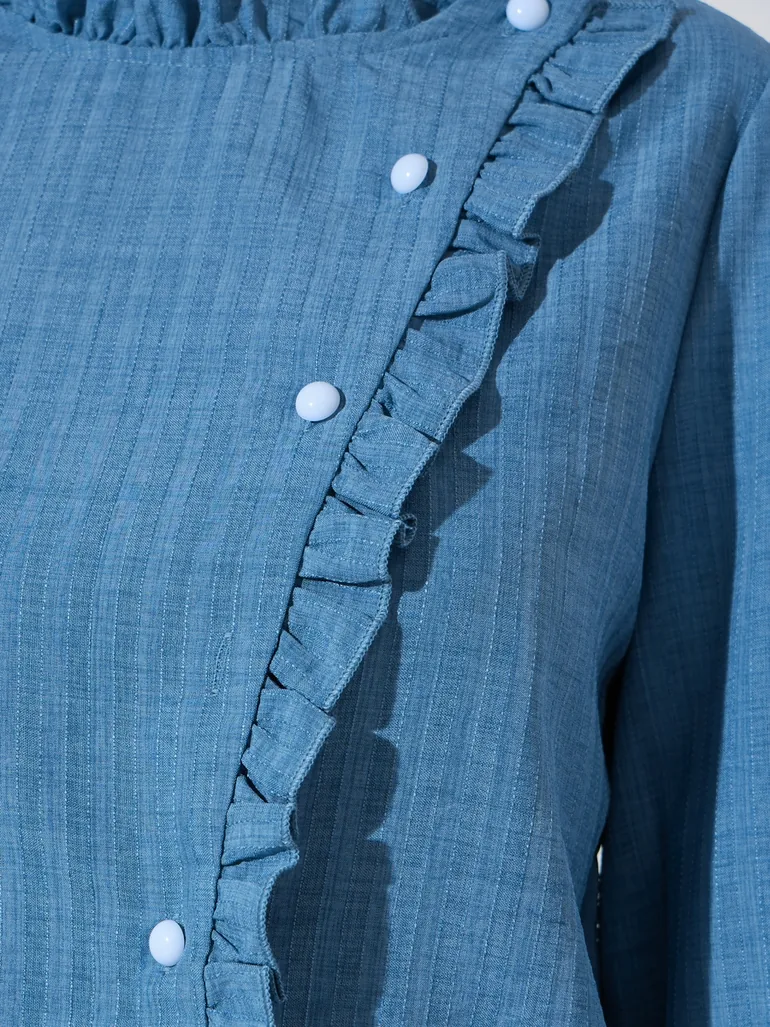 Blue Ruffle Long Sleeves Blouse - 2