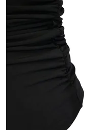 Black Gathered Detailed Fitted/Fitted Fit One-Shoulder Stretchy Knitted Plus Size Blouse - 2