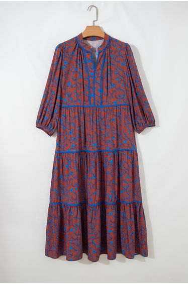 Lvness Brown 3/4 Puff Sleeve Tiered Loose Floral Dress product thumbnail 2