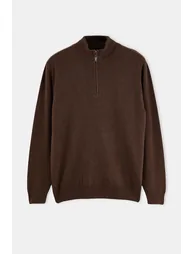 Wardrobe Essentials Brown Wool Content Regular Cut Stand Collar Knitwear Sweater - 1
