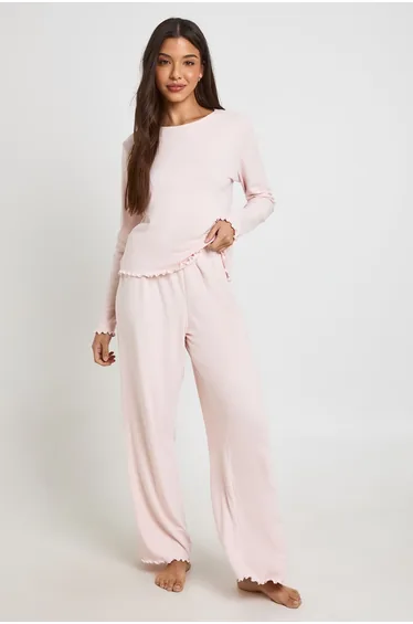 Lettuce Hem Ribbed Long Sleeve Top & Trouser Pyjama Set - baby pink