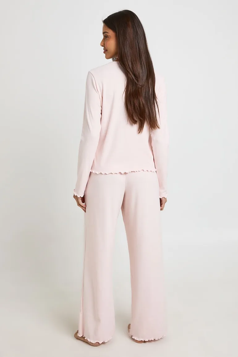 Lettuce Hem Ribbed Long Sleeve Top & Trouser Pyjama Set - baby pink - 1