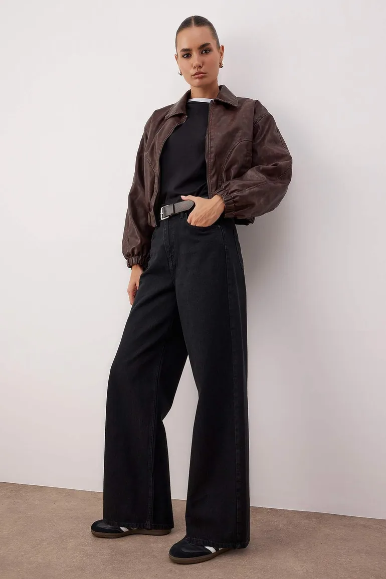 Black adjustable waist high waist wide leg jeans - 1