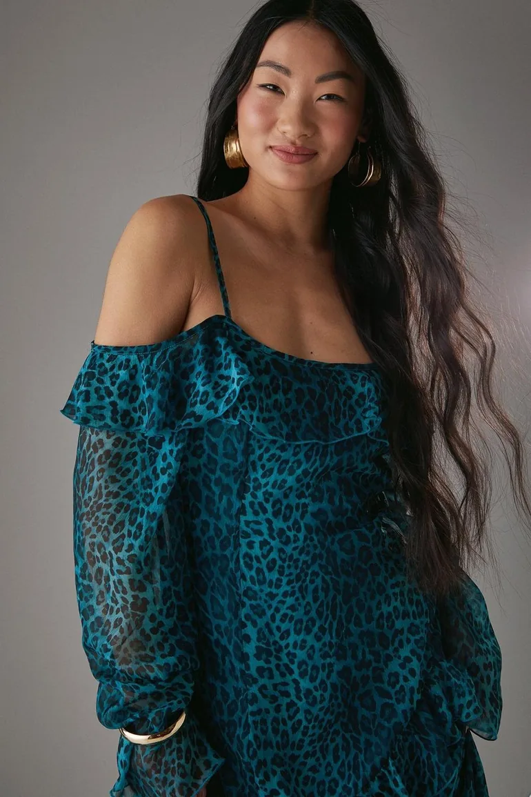 Petite Chiffon Ruffle Cold Shoulder Midi Dress - 1