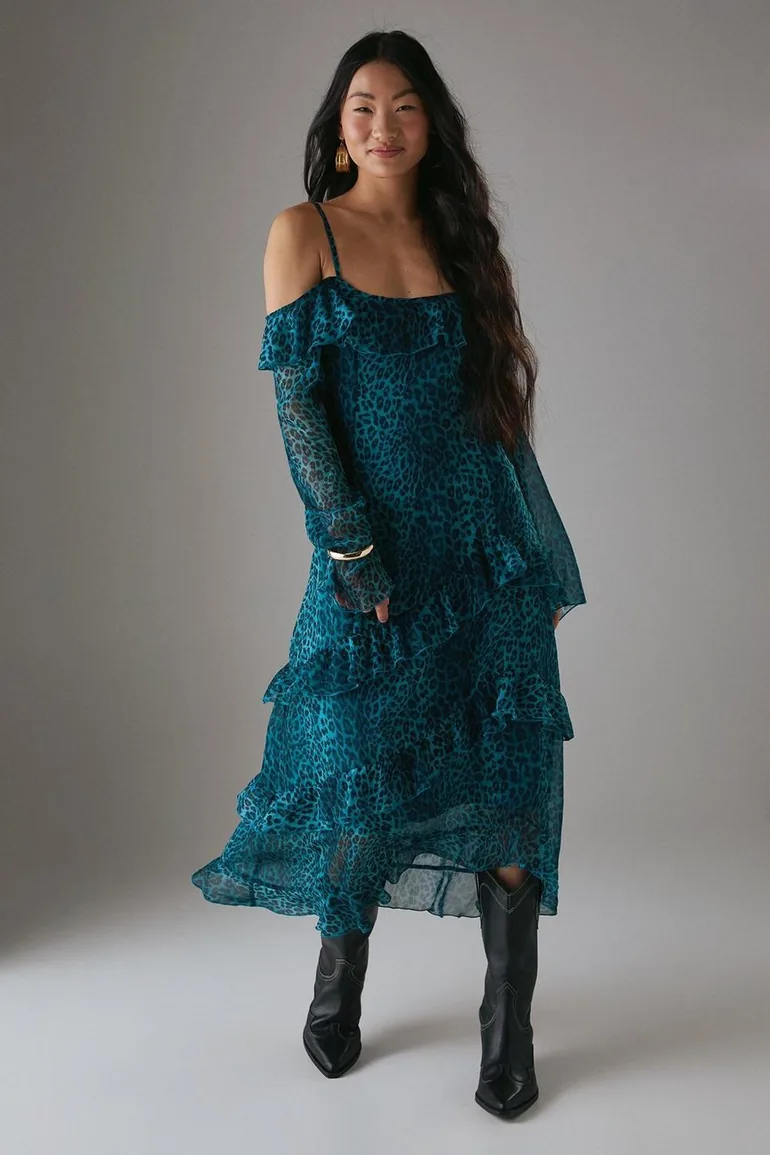 Petite Chiffon Ruffle Cold Shoulder Midi Dress