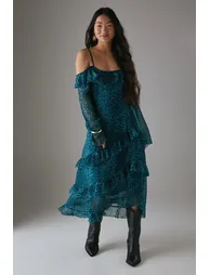 Petite Chiffon Ruffle Cold Shoulder Midi Dress