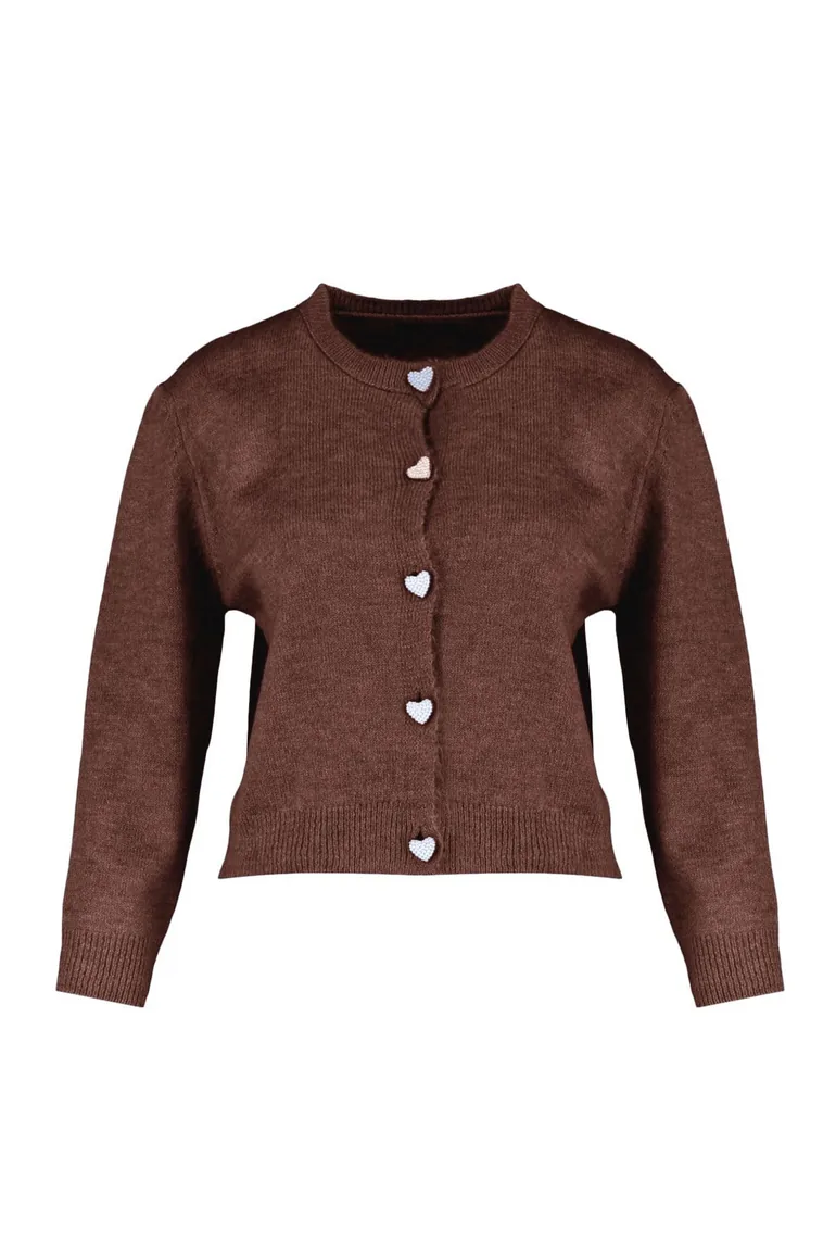 Brown Soft Texture Gem Button Jacket Look Knitwear Cardigan - 5