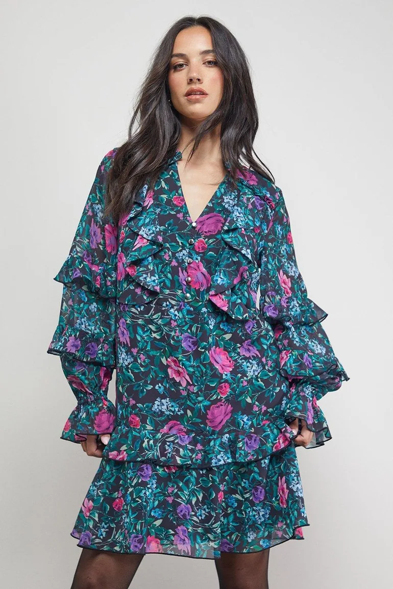 Printed Boho Ruffle Button Down Mini Dress - 3