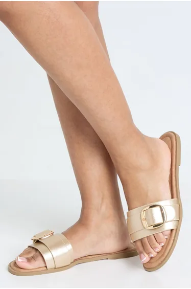 Wide Fit Oversized Buckle Sandals - gold