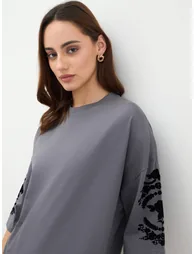 Charcoal Embroidered Sleeve Oversized T-Shirt - 3