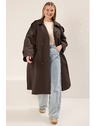 Brown Long Oversize Plus Size Trench Coat - 3