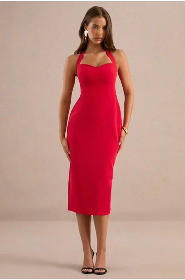 Red Sweetheart-Neck Midi Dress