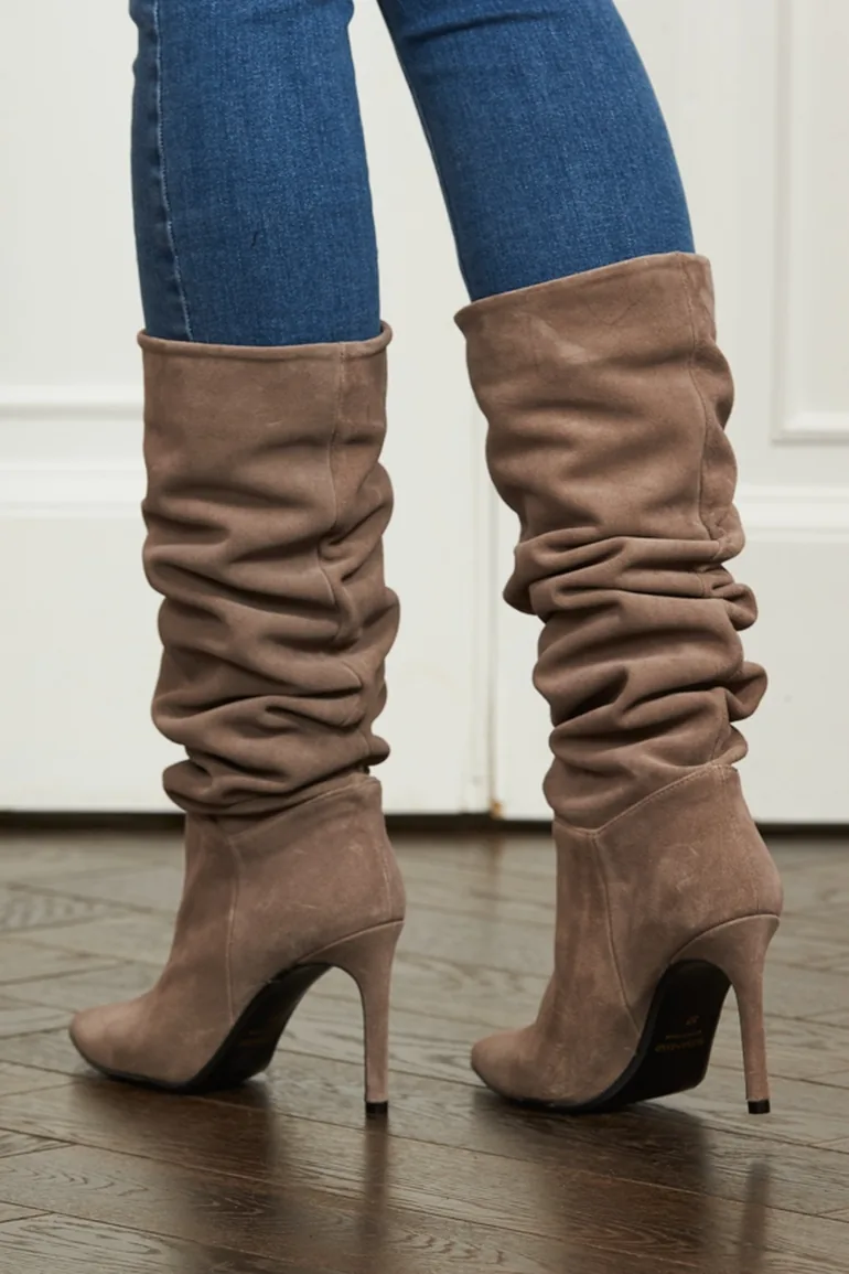 Belle Taupe Suede Heeled Slouch High Leg Boot - 3