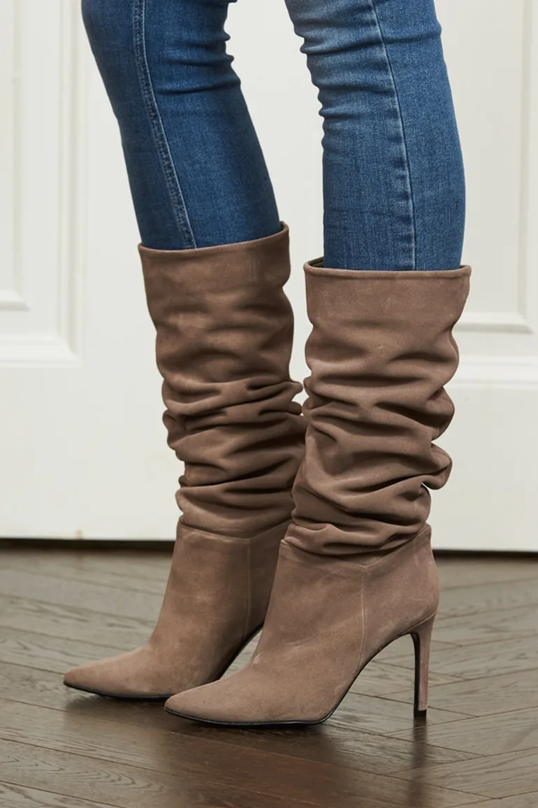 Belle Taupe Suede Heeled Slouch High Leg Boot - 2