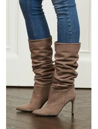 Belle Taupe Suede Heeled Slouch High Leg Boot - 2