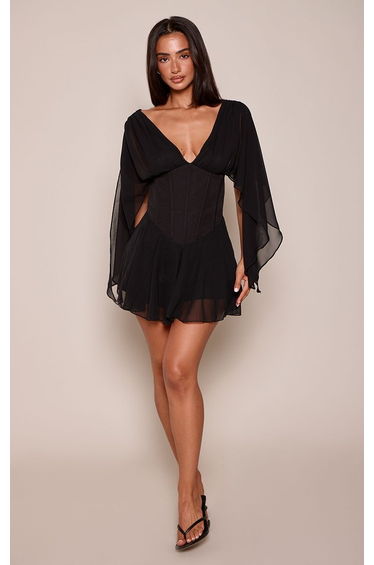 Petite Black Corset Waist Chiffon Drape Sleeve Godet Mini Dress