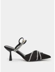 Black Embellished Satin Kitten Heels Shoes - 1