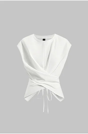 Solid Ruched Tie-Up Crossed T-Shirt
