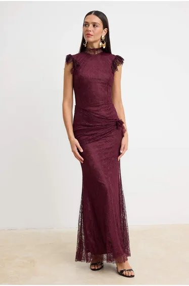 Burgundy Lace Maxi Evening Dress & Graduation Dress