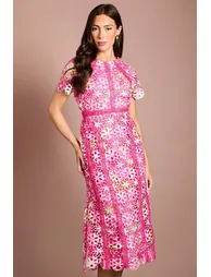 Petite Printed Lace Midi Pencil Dress - 1