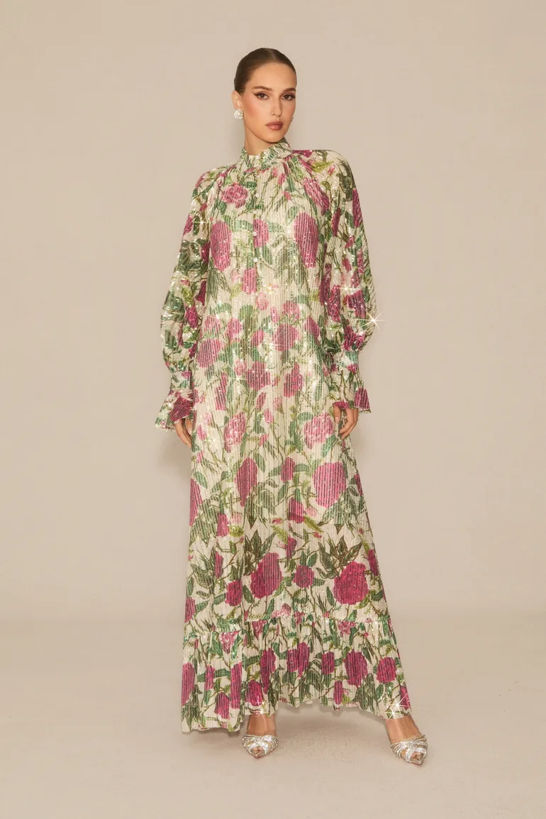 Mina Floral Print Sequin Embellished Maxi Dress - 2