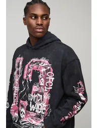Black Oversized Doodle Print Acid Wash Hoodie - black - 2
