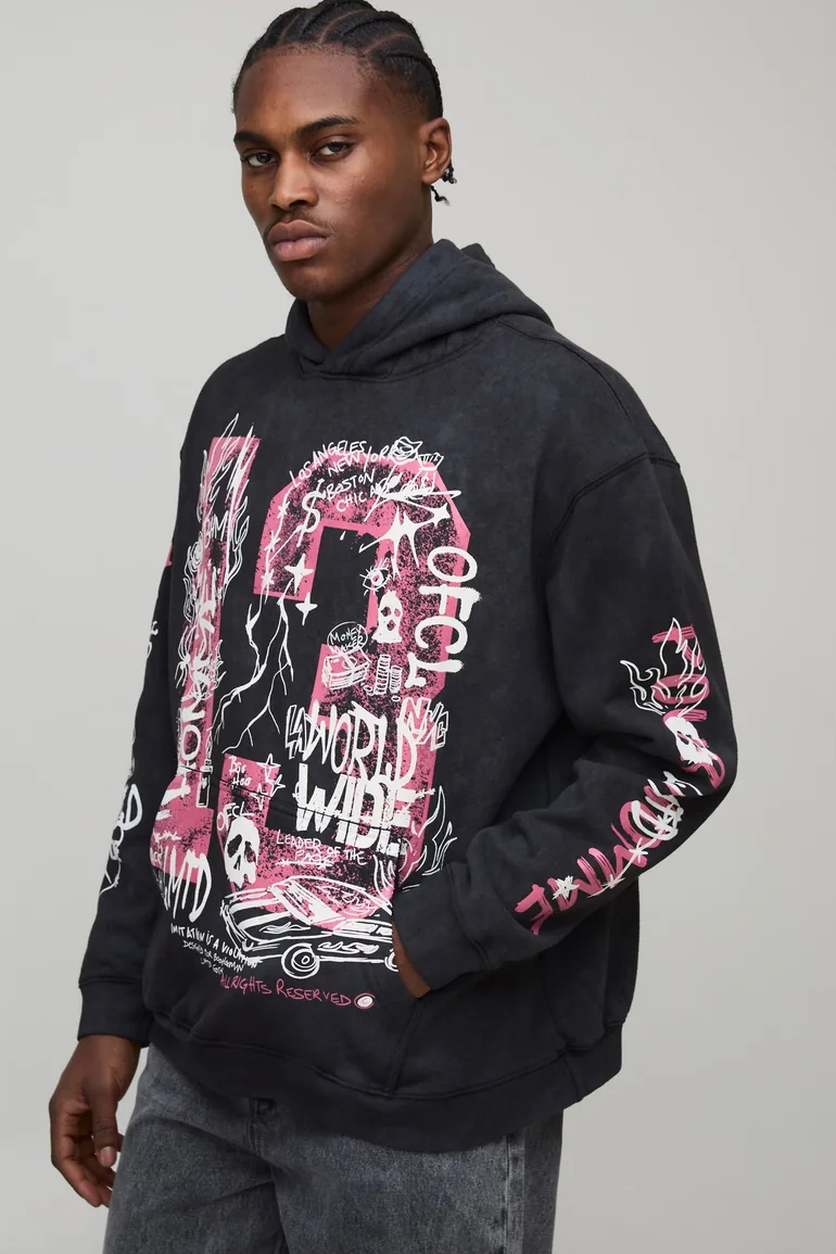 Black Oversized Doodle Print Acid Wash Hoodie - black