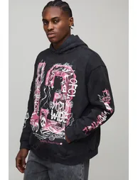 Black Oversized Doodle Print Acid Wash Hoodie - black