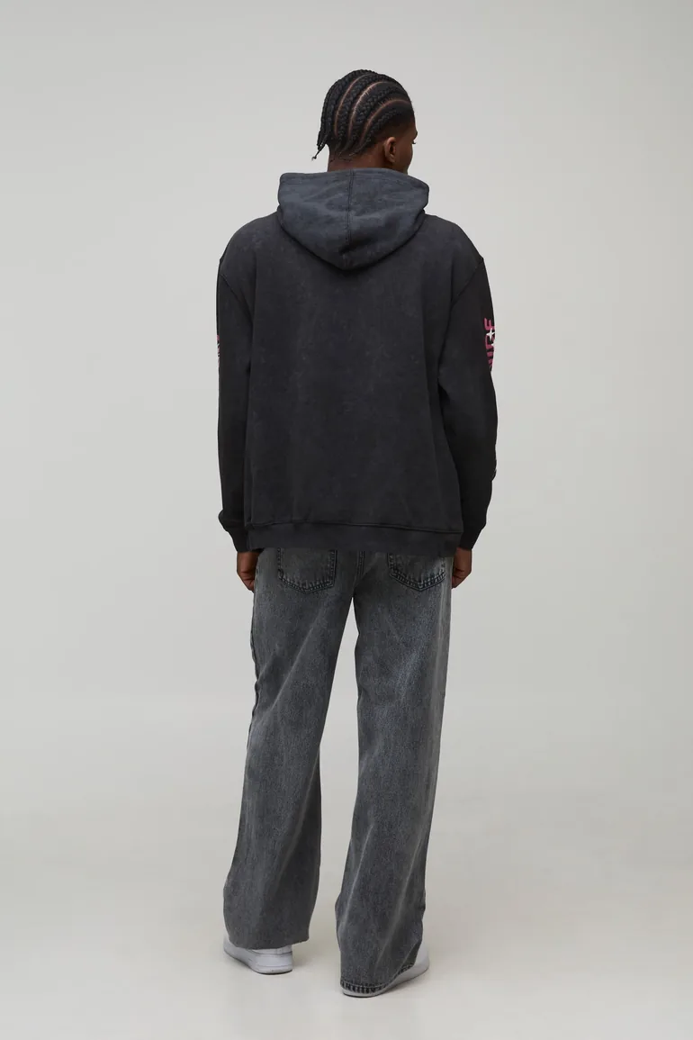 Black Oversized Doodle Print Acid Wash Hoodie - black - 1