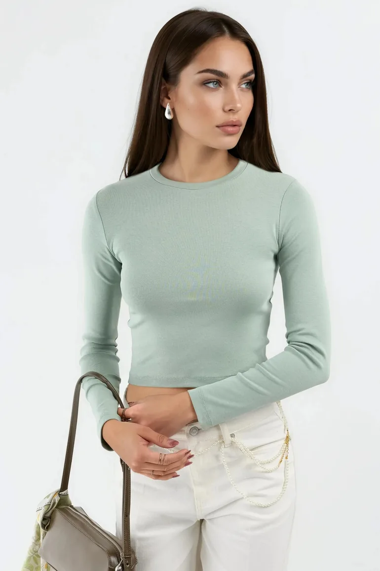 BUSEM Slim Fit Long Sleeved Crop Top with Crew Neck - 1