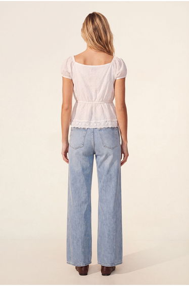 Dobby Lace Cutwork Tie Front Ruffle Puff Sleeve Top product thumbnail 3