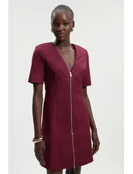 Techno Cotton Short Sleeve Zip Detail Woven Mini Dress