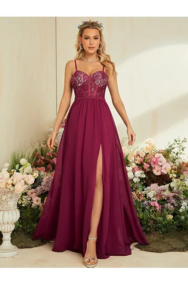 Leely Burgundy Lace Corset Chiffon A-Line Maxi Dress with High Slit