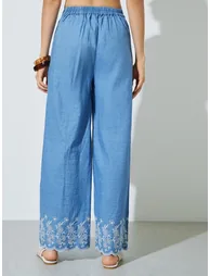 Blue Cotton Embroidered Wide Leg Pants - 4
