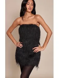 Black Glitter Fringe Bandeau Bodycon Dress - 1
