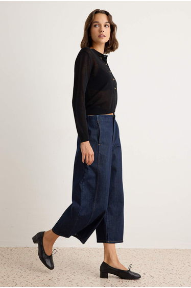 Dark Blue Waist Detailed 100% Cotton High Waist Barrel Jeans product thumbnail 2