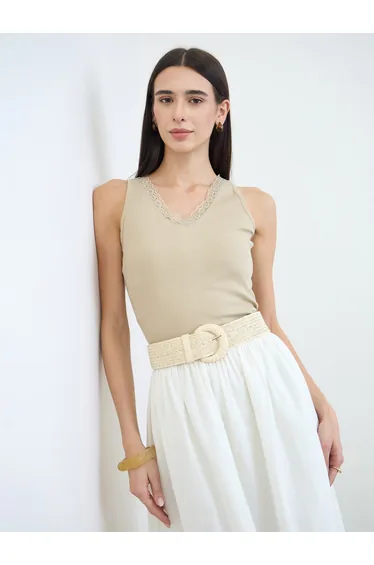 Beige Ribbed Lace Trim Tank