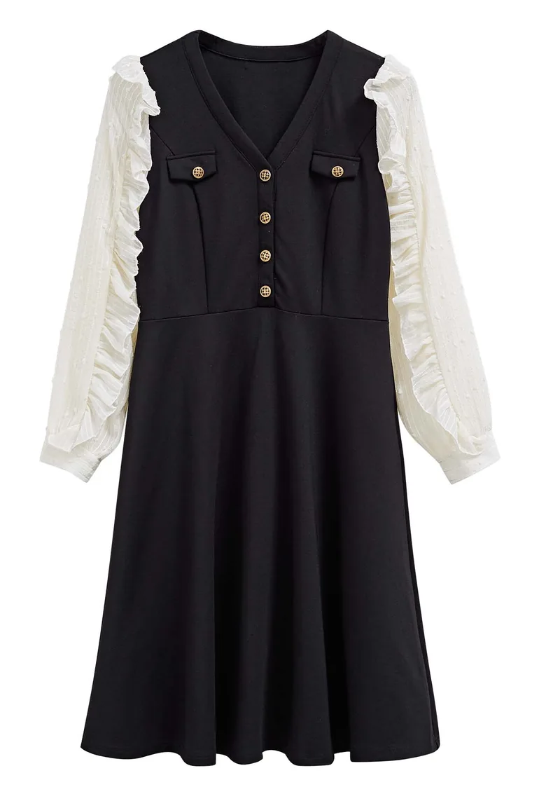 Corset Waist Ruffled Sleeve Spliced Dress - 1