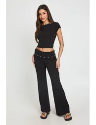 Studded Foldover Flare Trouser - black