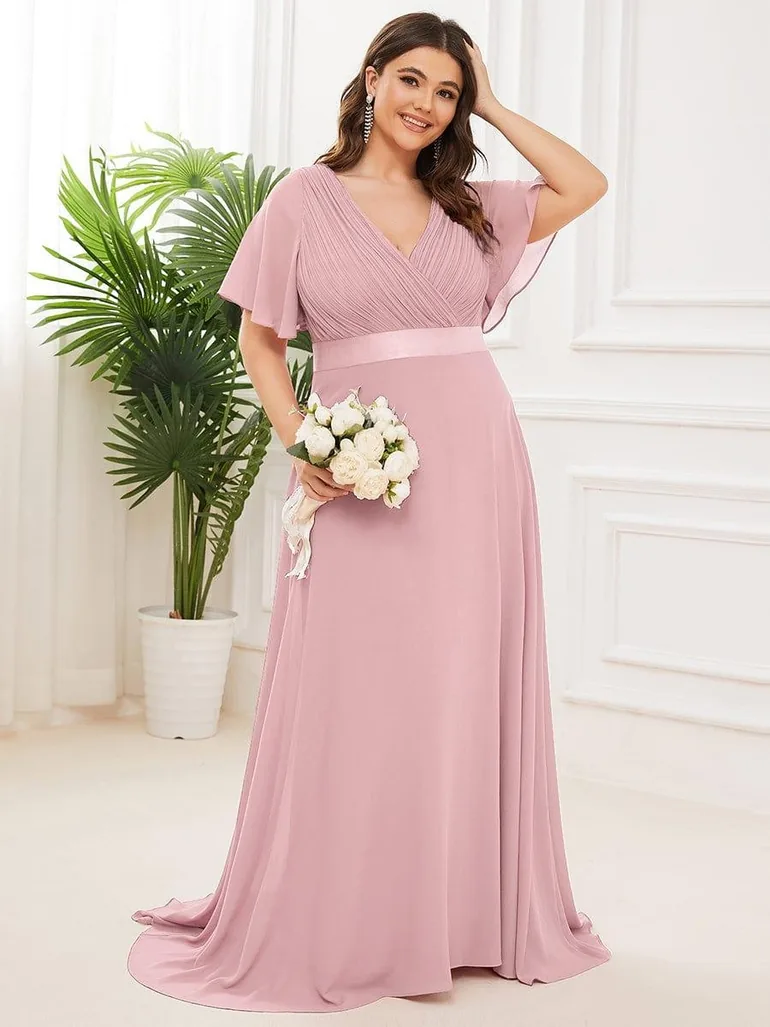 ever MONICA|Long Empire Waist Bridesmaid Dress with Short Flutter Sleeves - 5