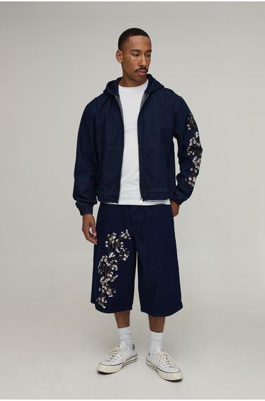 Floral Embroidered Longline Denim Jorts - indigo