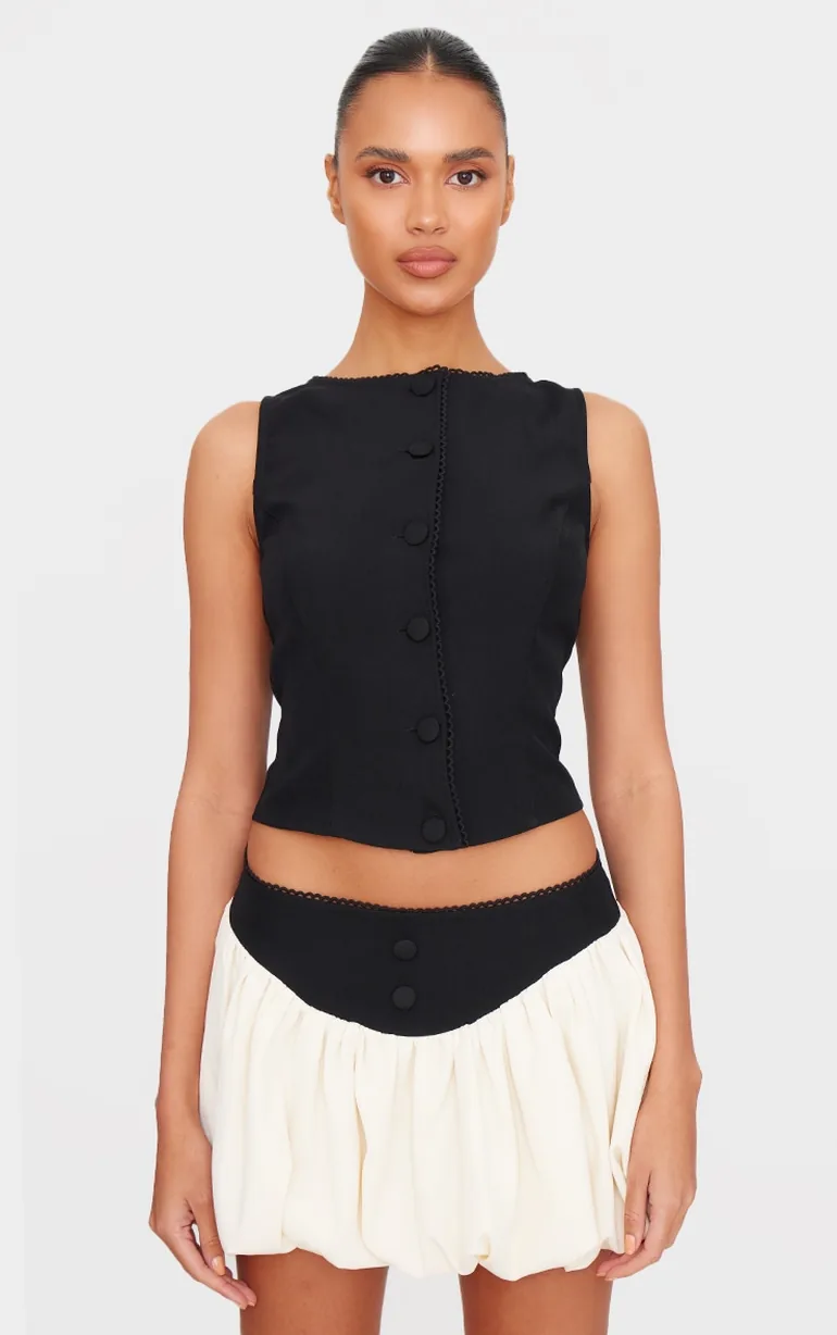 Black Woven Tailored Trim Detail Puff Ball Skirt - 3