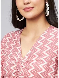 Women Pink Zigzag Print Front Knot Midi Dress - 5