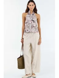 Wide-leg linen blend trousers WHITE
