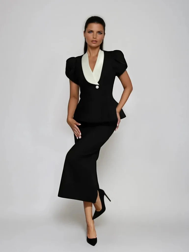 Vrythia Short Sleeve Satin Skirt Set - 1
