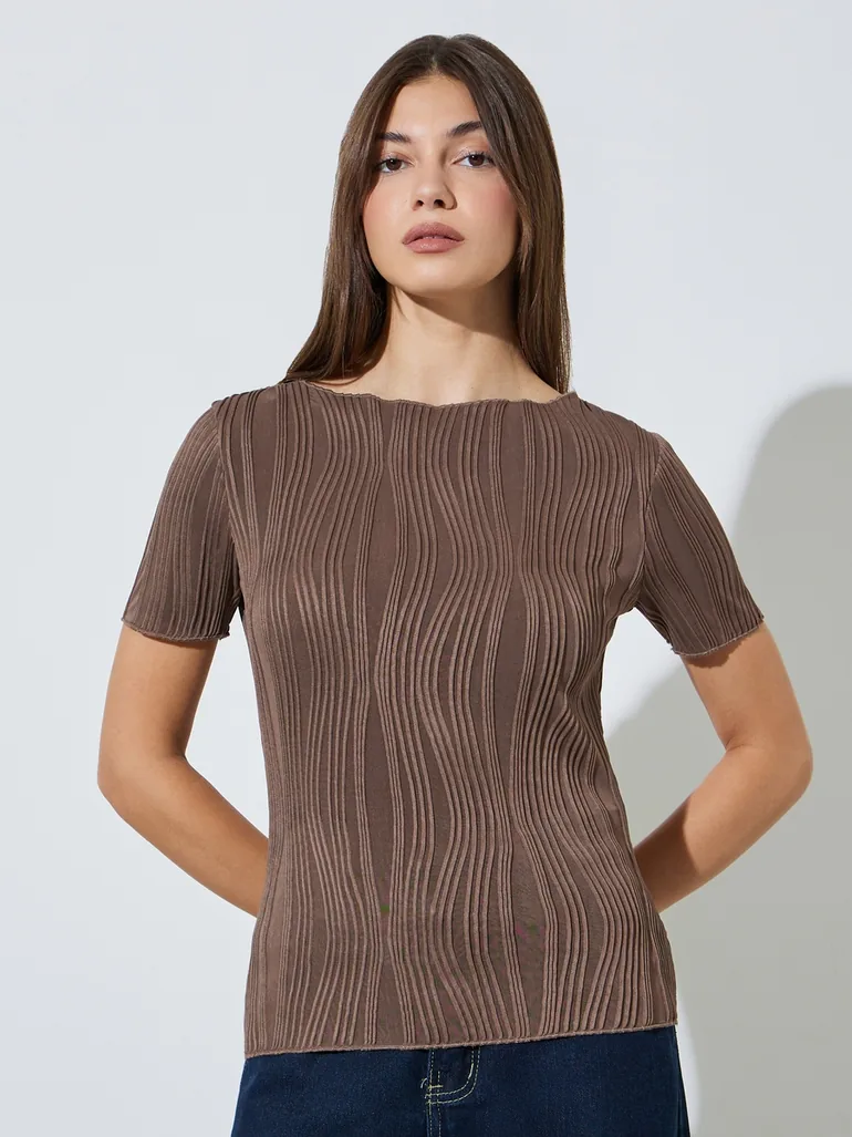 Brown Textured Short Sleeve Knit Top - 2