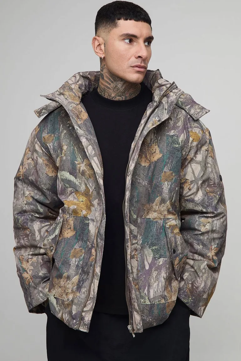 Tall Oversized Forest Camo Hooded Funnel Neck Puffer Jacket - multi