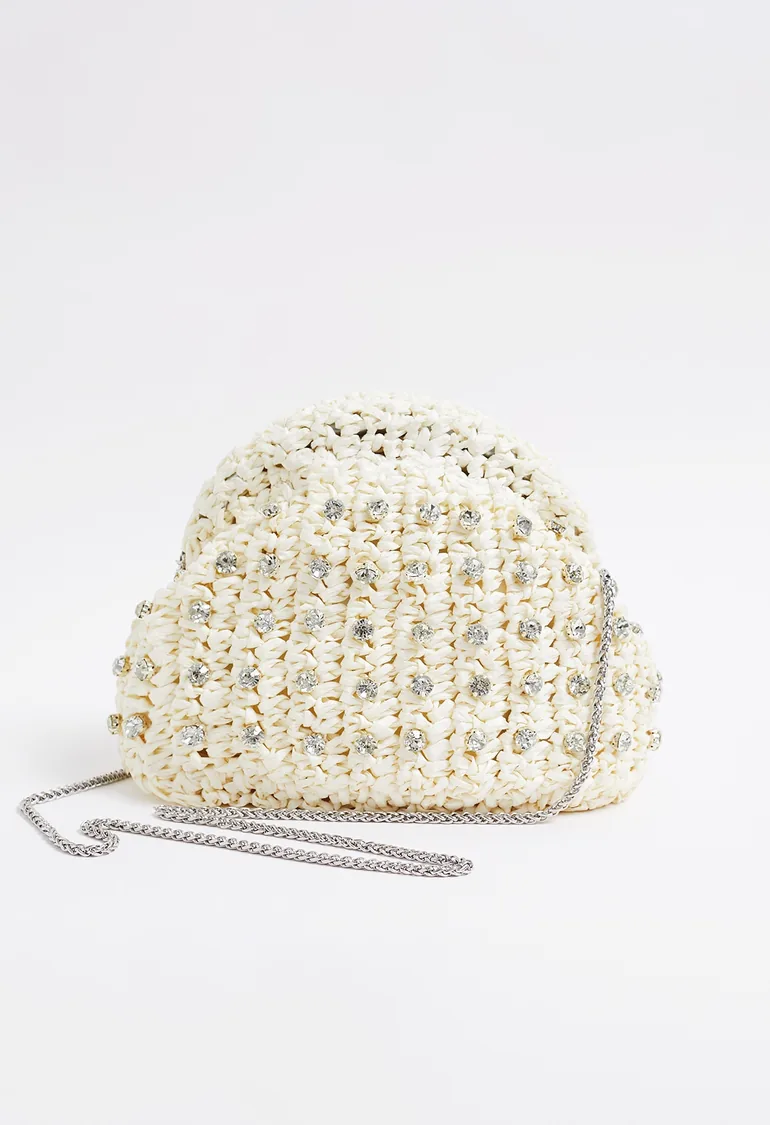 Rhinestone Decor Braided Straw Clutch