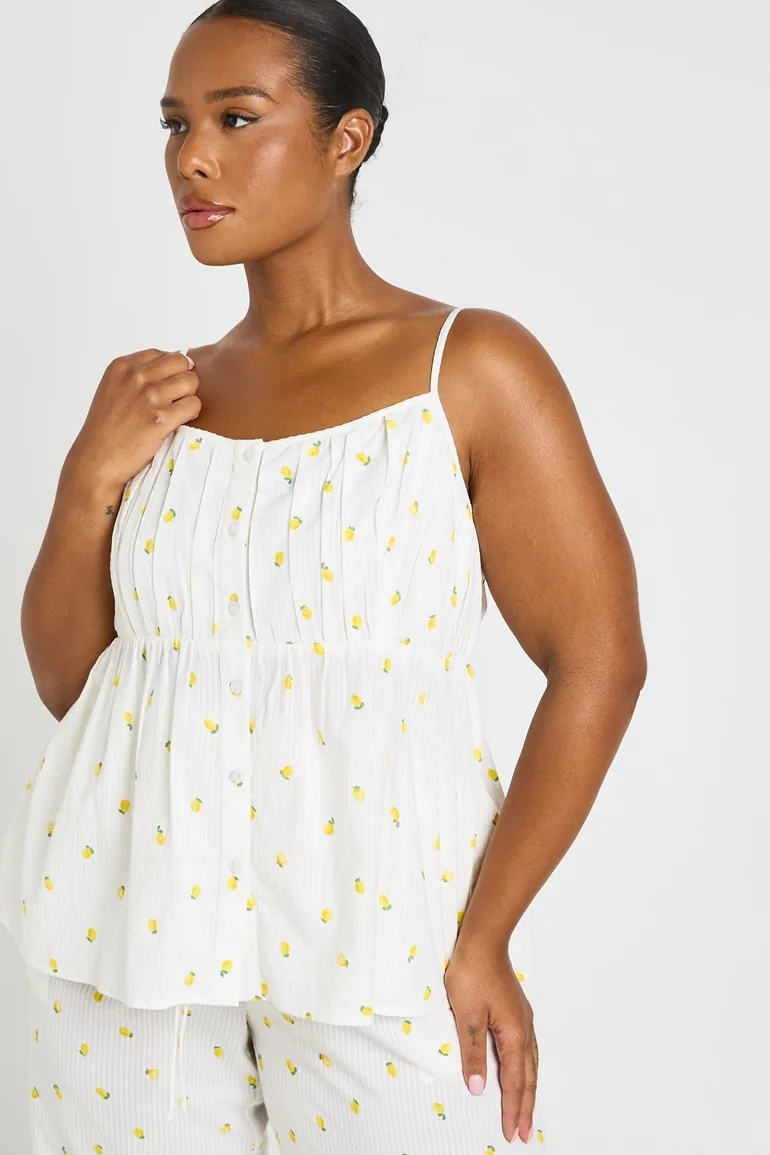 Plus Waffle Lemon Print Babydoll Pyjama Top - white - 3
